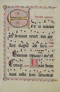 Folha manuscrita com inicial E, de um antifonário, alemão, segundo quartel do século XV. de Unbekannt