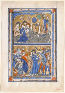 Folha do manuscrito com a agonia no jardim e a traição de Cristo, de um Saltério Real, ca. 1270 de Unbekannt