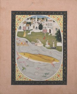 Pintura do manuscrito com a cena tântrica hindu que descreve dois peixes, 1800-1820. de Unbekannt