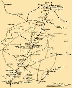 Mapa mostrando as linhas de avanço de Bloemfontein para Pretória, 1901. de Unbekannt