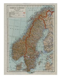 Mapa da Noruega e Suécia, século c19 de Unbekannt