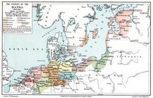 Mapa da extensão da Liga Hanseática em cerca de 1400 de Unbekannt