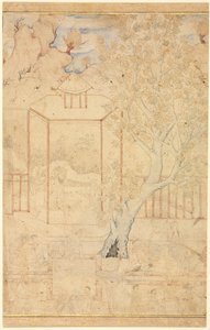 Mestre e discípulo em um pavilhão de jardim, ilustração de página única, c. 1570-1590s. de Unbekannt