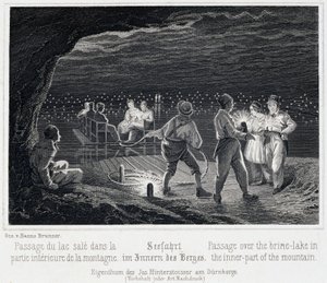 Mina de sal: atravessando o lago sujo, dentro da montanha, por volta de 1850, em Durrnberg, Áustria de Unbekannt