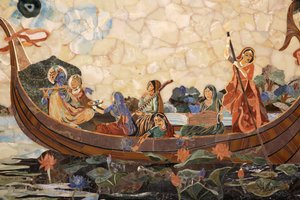 Mosaico representando o deus hindu Krishna com gopis em um barco . Índia de Unbekannt