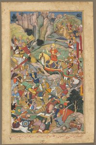 O governante Mughal Humayun derrotou os afegãos antes de reconquistar a Índia, fólio de um livro de Akbar-nama de Unbekannt