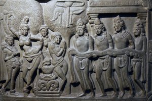 Museu Nacional da Índia, Nova Deli. As cenas de vida de Buda. Ikshvaku, século III d.C. Nagarjunakonda, Andhra Pradesh. Calcário acinzentado. Detalhe. Índia. de Unbekannt