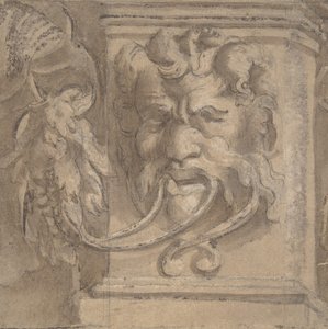 Desenho ornamental com máscara de estilo antigo, 1550-1600. de Unbekannt