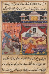 Página de Contos de um papagaio Tuti-nama: Quinta noite: O macaco morto, seu sangue ..., c. 1560 de Unbekannt