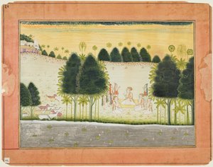 Página de um Bhagavata Purana: Nanda e os anciãos em concílio com as gopas, c. 1690-1700. de Unbekannt