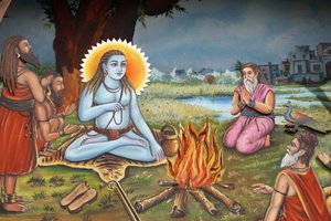 Pintura representando um homem santo (sentado na pele de um tigre como Shiva) rodeado de seguidores Haridwar Índia de Unbekannt