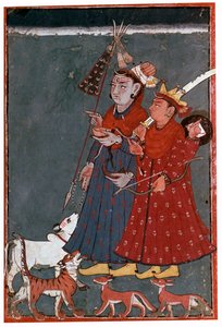 Pintura dos deuses Shiva e Krishna acompanhados por um touro, tigre e chacais de Unbekannt