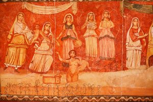 Faraó e a Infância de Moisés, afresco da Sinagoga Dura Europos, 244-245, no Museu Nacional de Damasco. Foto tirada no Museu Judaico em Nova Iorque durante uma exposição. de Unbekannt