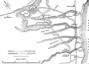Plano das marchas de Pearson em janeiro de 1879 e de Chelmsford em abril de 1879 para Etschowe, c1880 de Unbekannt