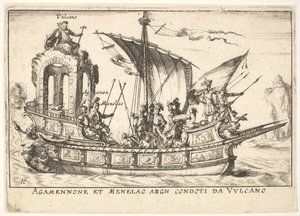 Ilustração 10: Agamenon e Menelau sentados em um barco acompanhado por outras figuras, incluindo V ..., 1664. de Unbekannt