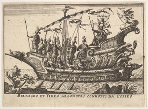 Ilustração 13: Argonautas MELEAGER e provocação liderada por Cupid Meleagro e maré Argonotes condotti ..., 1664. de Unbekannt