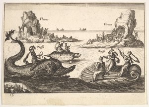 Ilustração 15: Rios e deusas, com ilhas flutuantes guiadas por portadores de mastros, figura feminina ..., 1664. de Unbekannt