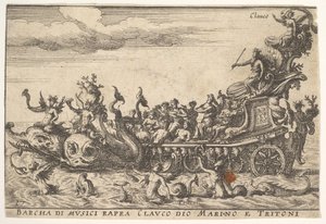 Ilustração 16: Navio de músicos com o deus do mar Claucus e tritões Barcha di musici rapra C ..., 1664. de Unbekannt