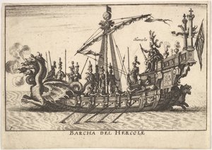 Ilustração 1: Navio de Hércules Barcha del Hercole, com proa com cabeça de dragão e Hércules em pl ..., 1664. de Unbekannt