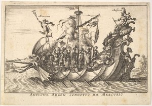 Ilustração 2: O Argonauta Amphion liderado por Mercury Anfione Argon. condotto da Mercurio, com ..., 1664. de Unbekannt