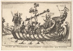 Gravura 7: Peleo et Talamone Argonauti condotti da Tetide, de O magnífico cortejo em t..., 1664 de Unbekannt