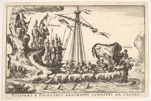 Ilustração 8: Polifemo e Palemonius liderados por Ceres Polifemo e Palemonio Argonauti condotti d ..., 1664. de Unbekannt