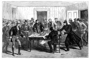 Invasão policial nos escritórios nacionais de aluguel em Loughrea, Irlanda, 1887 de Unbekannt