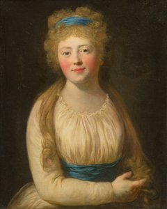 Retrato de uma mulher em roupas pálidas com uma fita azul no cabelo de Unbekannt