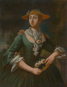Retrato de uma mulher com um chapéu com flores de Unbekannt
