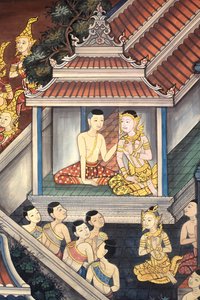 Príncipe Rama e Sita. Detalhe mural nas paredes interiores do Vihara da época do rei Rama III, retratando o Ramakian. Wat Pho - Wat Phra Chettuphon. 1788. Banguecoque. Tailândia de Unbekannt