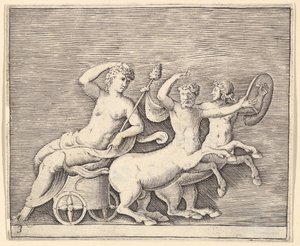 Figura Feminina Reclinada em uma Carruagem desenhada por Dois Centauros, publicada ca. 1599-1622. de Unbekannt