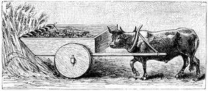 Reconstrução da máquina de colheita usada na Gália nos tempos romanos antigos, conforme descrito por Plínio, c1890 de Unbekannt