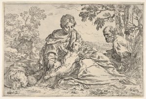 Descanse na fuga para o Egito, Maria segurando o bebê Cristo com São José ..., ca. 1640 ou depois. de Unbekannt
