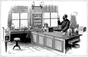 Robert Koch 1843-1910, bacteriologista alemão e médico em seu laboratório de Unbekannt