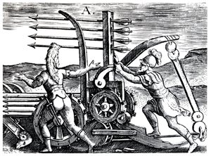 Soldados romanos usando um motor de guerra disparando várias flechas, 1605 de Unbekannt