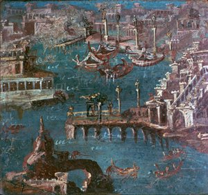 Pintura de parede romana de uma cena do porto de Unbekannt