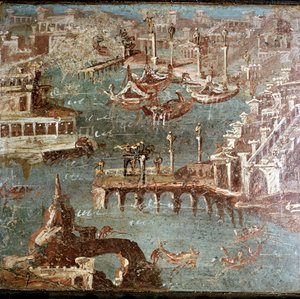 Pintura de parede romana de uma cena do porto, Stabiae, perto de Pompeia, Itália de Unbekannt