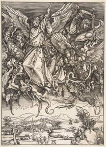 São Miguel lutando contra o dragão, de The Apocalypse, 1498. de Unbekannt