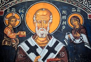 São Nicolau rodeia Cristo e Maria Afresco bizantino do século XIV (1332) Nathex, muro sul Igreja da Virgem Phorbiotissa, sítio Asinou Unesco região de Troodos, Chipre de Unbekannt