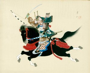 Guerreiro Samurai, montando um cavalo. Uma pintura japonesa em seda, no estilo tradicional japonês de Unbekannt