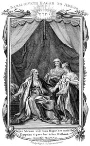 Sarah, esposa de Abrahams, sendo estéril, oferece a Hagar sua empregada ao marido, c1804 de Unbekannt