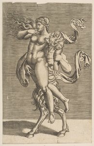 Sátiro carregando uma ninfa restringindo seu braço direito, ca. 1515-1600. de Unbekannt