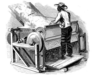 Saw gin para limpeza de algodão sendo operado por trabalhador descalço preto, sul dos EUA, 1865 de Unbekannt