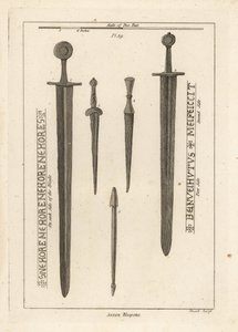 Armas saxônicas: antiga espada de ferro 1,2, e dirks e daggers 3,4 encontrados no rio Wytham, Lincolnshire, e um parafuso de besta encontrado no acampamento em Danbury, Essex 5 de Unbekannt