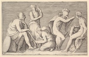 Cena do sacrifício com o guerreiro Killing Ram e quatro outras figuras, publicado ca. 1599-1622. de Unbekannt