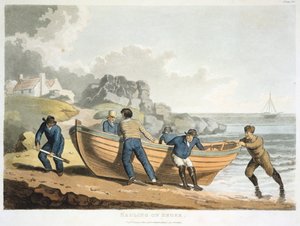 Marinheiros que transportam um bote construído em clínquer na praia, 1821 de Unbekannt