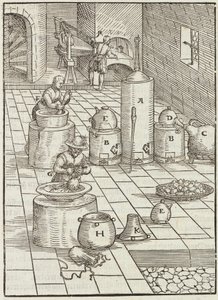 Separação de minérios de ouro e mercúrio - Gravura da descrição dos minérios e principais métodos de mineração, por Lazarus Ecker de Unbekannt