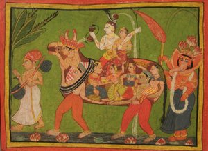 Shiva e Parvati em uma vaca composta de mulheres reunidas de Unbekannt