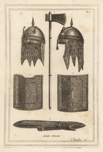 Capacete de Souja Dowla com capuz de malha 2,3, machado de batalha 1, peitoral e peça traseira 4,5, e armadura 6 de Unbekannt