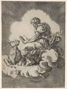 São Lucas, sentado em uma nuvem com um livro aberto em ambas as mãos, um touro deitado a seus pés..., depois de 1518. de Unbekannt